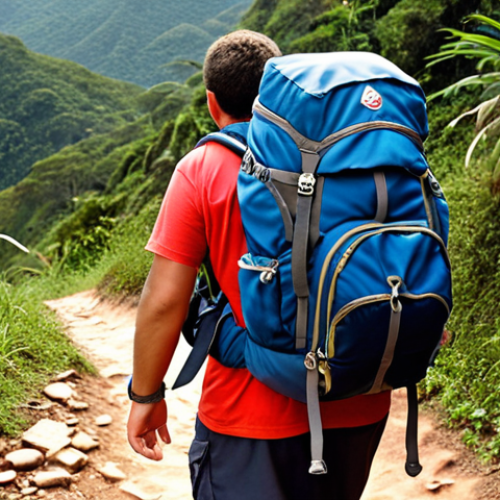 Home 12 **Image Prompt:** A hiker struggling with an overloaded backpack on a steep trail in Brazil, humorous depiction, focus on the excessively bulky pack.