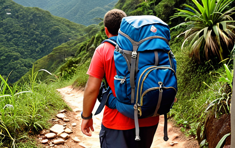 **Image Prompt:** A hiker struggling with an overloaded backpack on a steep trail in Brazil, humorous depiction, focus on the excessively bulky pack.