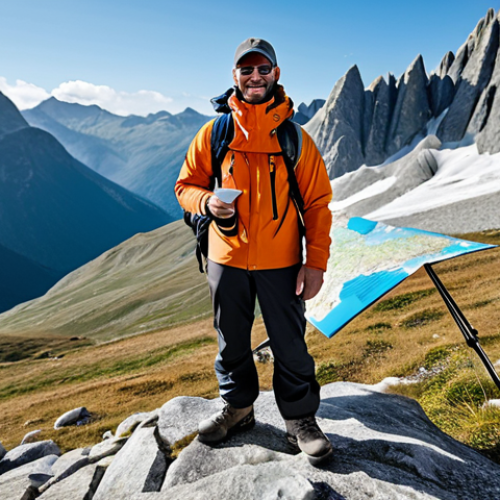 Home 4 등산용 장비 매장의 인기 브랜드 - **
A professional mountain guide, fully clothed in appropriate hiking gear (waterproof jacket, dura...