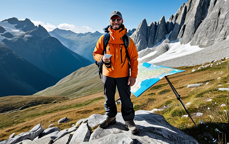 등산용 장비 매장의 인기 브랜드 - **
A professional mountain guide, fully clothed in appropriate hiking gear (waterproof jacket, dura...