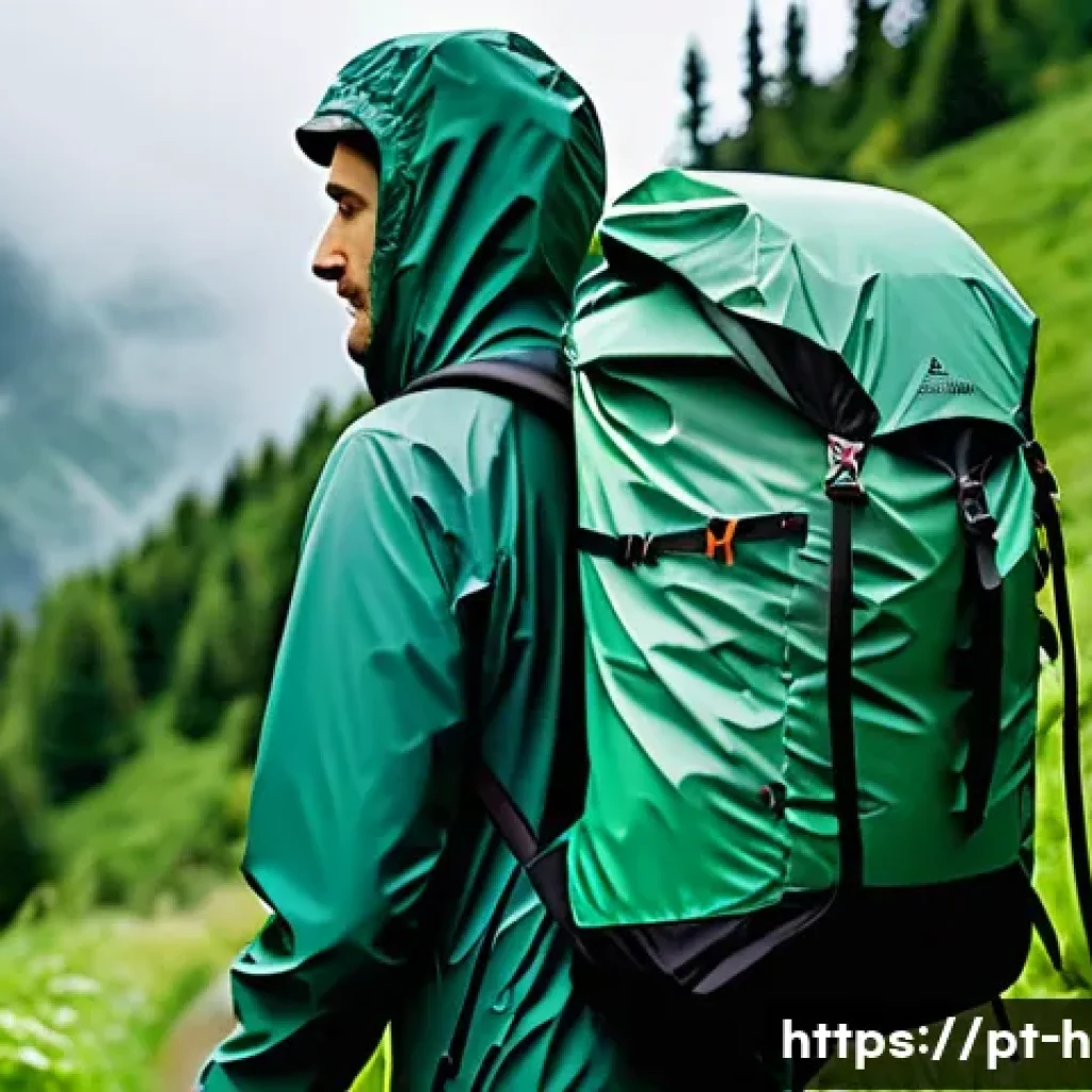 등산용 레인 커버의 장점 - A detailed outdoor hiking scene showing a person wearing lightweight hiking clothes and a waterproof...