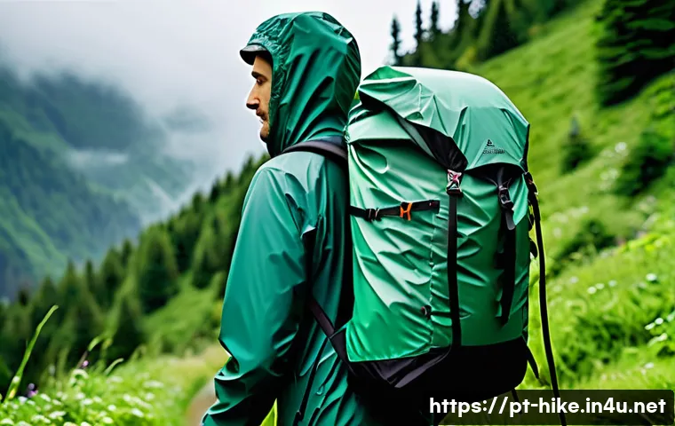 등산용 레인 커버의 장점 - A detailed outdoor hiking scene showing a person wearing lightweight hiking clothes and a waterproof...