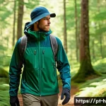 Home 22 등산복 레이어링 방법 - A detailed outdoor scene showing a hiker on a forest trail in a temperate climate wearing a complete...