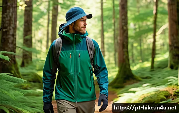 등산복 레이어링 방법 - A detailed outdoor scene showing a hiker on a forest trail in a temperate climate wearing a complete...