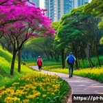 Home 21 봄철 등산 추천 코스 - A vibrant springtime urban trail scene inside a São Paulo park, featuring a well-maintained dirt pat...