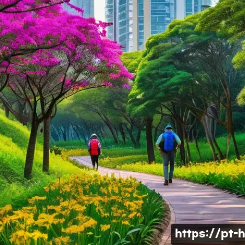 Home 33 봄철 등산 추천 코스 - A vibrant springtime urban trail scene inside a São Paulo park, featuring a well-maintained dirt pat...