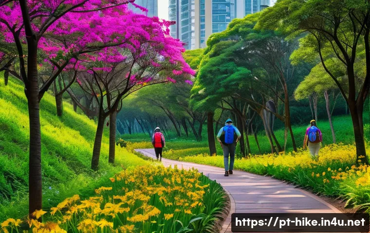 봄철 등산 추천 코스 - A vibrant springtime urban trail scene inside a São Paulo park, featuring a well-maintained dirt pat...