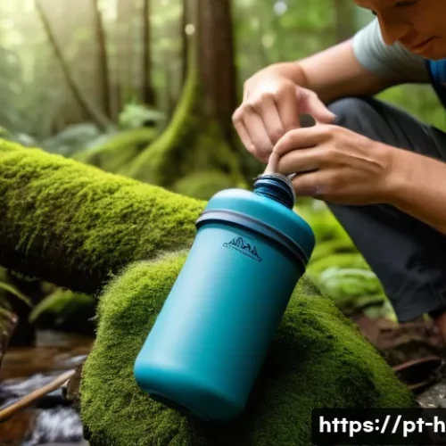 Home 32 등산용 휴대용 정수기 비교 - A detailed close-up of a portable ceramic water filter designed for hiking, showcasing its textured ...