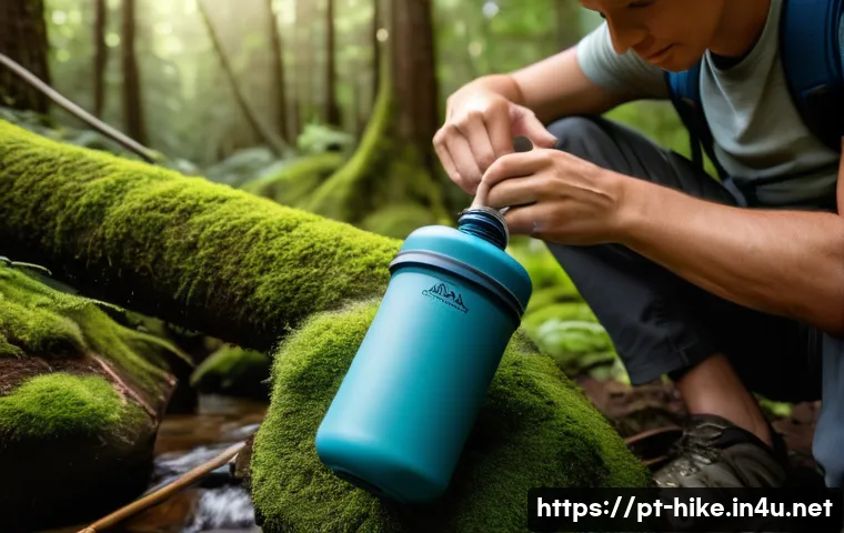 등산용 휴대용 정수기 비교 - A detailed close-up of a portable ceramic water filter designed for hiking, showcasing its textured ...