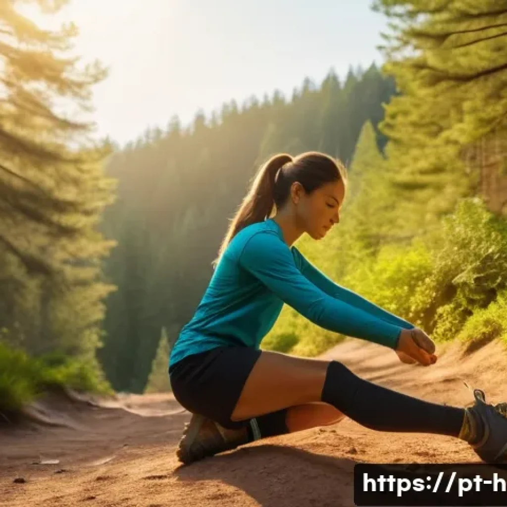 등산 후 빠른 피로 회복 스트레칭 - A serene outdoor scene at sunset showing a young adult woman in sporty attire performing dynamic leg...
