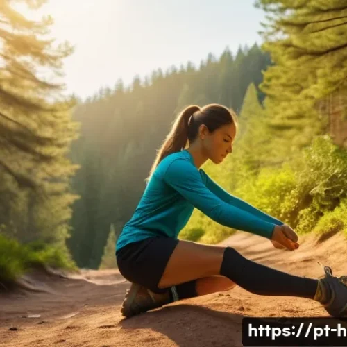 Home 31 등산 후 빠른 피로 회복 스트레칭 - A serene outdoor scene at sunset showing a young adult woman in sporty attire performing dynamic leg...