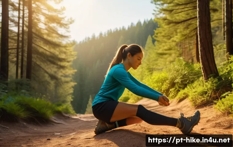 등산 후 빠른 피로 회복 스트레칭 - A serene outdoor scene at sunset showing a young adult woman in sporty attire performing dynamic leg...