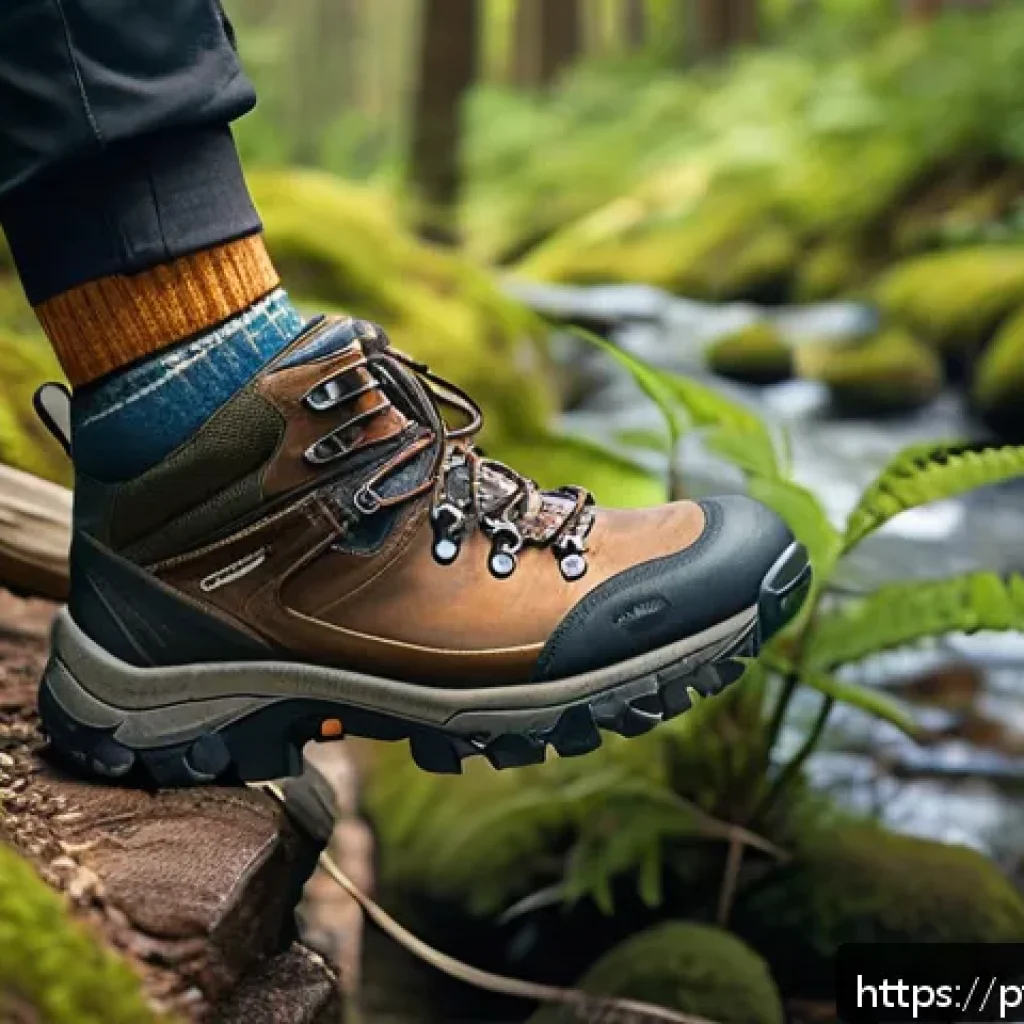 등산 물집 예방과 대처법 - A detailed, realistic image of a pair of hiking boots perfectly fitted on a person’s feet, showing b...