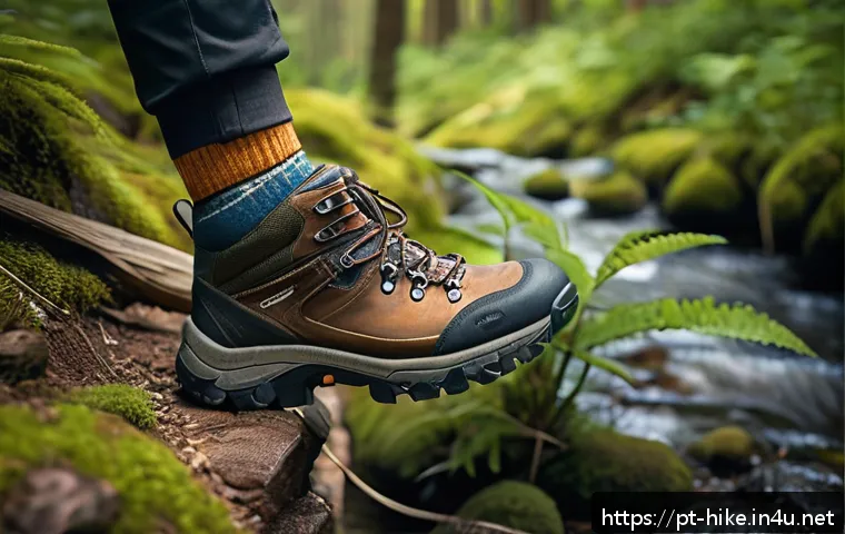 등산 물집 예방과 대처법 - A detailed, realistic image of a pair of hiking boots perfectly fitted on a person’s feet, showing b...