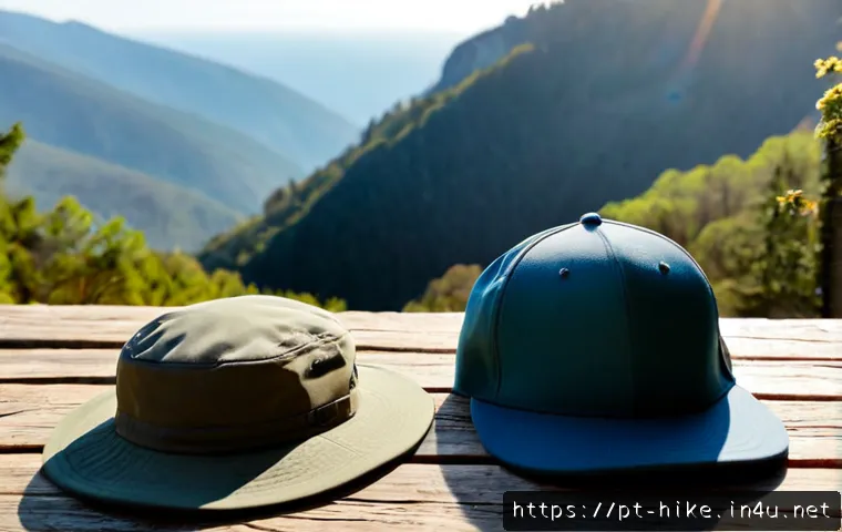 Home 17 등산모 추천 - Photorealistic outdoor gear comparison scene for a hiking hat recommendation, three distinct unbrand...