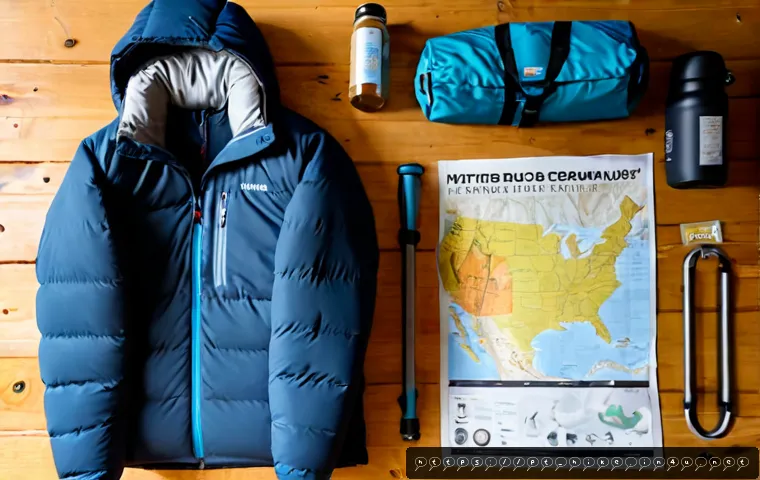 Home 17 겨울 등산 장비 체크리스트 - Photorealistic flat-lay winter hiking gear checklist scene on a rustic wooden table: insulated water...